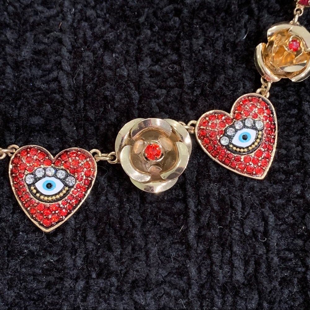 BETSEY JOHNSON Pavé Crystals Hearts Roses Eyes Gold & Red NECKLACE! - Picture 3 of 8